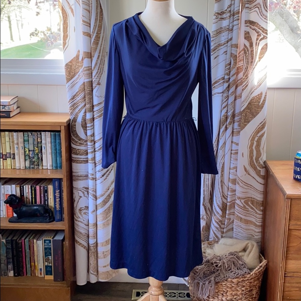 70s Navy Blue Cowl Neck Long Sleeve Dress M/L Vintage